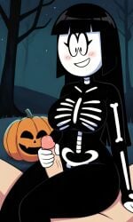 1boy aged_up ai_generated alternate_universe big_breasts black_eyes black_hair black_hair_female blush bodysuit curvy eyelashes female fingerless_gloves genderswap_(mtf) grass halloween_costume halloween_pumpkin halloween_theme handjob long_hair male male_pov night night_sky outdoors pixai pumpkin rule_63 skeleton_costume skid_(srpelo) smile spooky_month spread_legs stars taller_female thick_thighs thigh_sex tree trees white_skin