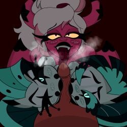 1boy 3girls ahe_gao anonymous_male cock edited edited_art female glam_(helluva_boss) glam_sisters_(helluva_boss) glitz_(helluva_boss) glowing_eyes helluva_boss licking_penis male male_pov penis sucking_penis tagme tagme_(artist) tagme_(character) verosika_mayday_(helluva_boss) visible_air visible_breath