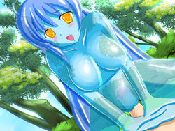 ahoge artist_request blue_hair blue_skin blush breasts censored dutch_angle forest goo_girl looking_at_viewer monster_girl nipples nude open_mouth outdoors penis pov pussy sex slime_girl smile source_request transparent transparent_sex vaginal_penetration yellow_eyes