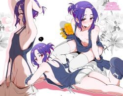 1boy gundam gundam_gquuuuuux highres looking_at_viewer lying male multiple_views nagano_rira nipples on_floor on_stomach otoko_no_ko penis purple_hair shadow shuji_ito sitting standing sweat white_background