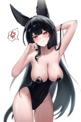 1girls absurdres alternate_costume anger_vein animal_ears arm_behind_head arm_up armpits bare_shoulders black_hair black_leotard breasts bright_pupils chowol cleavage commentary covered_navel cowboy_shot female fox_ears hand_up highleg highleg_leotard highres hoshimi_miyabi large_breasts leotard long_hair looking_at_viewer nontraditional_playboy_bunny red_eyes simple_background solo spoken_anger_vein standing strapless strapless_leotard sweat thighs very_long_hair white_background zenless_zone_zero