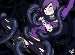 arms_up blue_eyes blush breasts clothes cum female hair hair_over_one_eye natsume_(artist) nipples open_mouth pantyhose purple_hair small_breasts spread_legs tentacle tentacle_sex torn_clothes torn_pantyhose uncensored vagina vaginal_penetration zone-tan