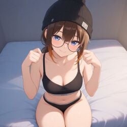 ai_generated beanie blue_eyes brown_hair glasses panties ponytail small_breasts sports_bra thighs