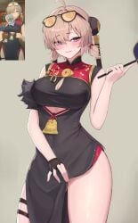 absurdres ahoge black_dress black_gloves blonde_hair blush breasts china_dress chinese_clothes cleavage clothes_pull commentary cowboy_shot dress dress_pull eyes_visible_through_hair eyewear_on_head female fingerless_gloves game_screenshot_inset gloves hair_over_one_eye hand_fan headgear highres holding holding_fan large_breasts looking_at_viewer parted_lips purple_eyes short_hair single_fingerless_glove smile solo sunglasses sweety_(zenless_zone_zero) thigh_strap thighs tinted_eyewear tuanshan yellow-tinted_eyewear zcri zenless_zone_zero