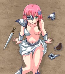 armor breasts female female_only final_fantasy final_fantasy_five final_fantasy_v green_eyes hair_ornament human lenna_charlotte_tycoon lowres miniskirt nipples ottosei pink_hair short_hair shoulder_pads sitting skirt solo sweat sword torn_clothes weapon wristband