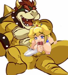 1boy 1girls 2d :/ animated blonde_hair blue_eyes bowser breasts crown cum cum_in_mouth cum_on_face earrings elbow_gloves facial fellatio female gem gloves great_demon_king_koopa green_head handjob human jewelry jewels koopa lowres male mario_(series) monster nintendo oral penis playshapes princess_peach sex smile straight straight_hair uncensored