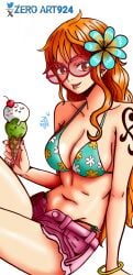 1girls adult adult_female arm_tattoo bare_arms bare_belly bare_chest bare_hands bare_midriff bare_navel bare_shoulders bare_skin bare_thighs belly belly_button big_breasts bikini bikini_bottom bikini_top breasts busty busty_female cleavage clothing collarbone exposed_arms exposed_belly exposed_chest exposed_midriff exposed_navel exposed_shoulders exposed_skin exposed_thighs female female_focus female_only fingernails fingers flower flower_hair_ornament flower_in_hair flower_on_head hair_ornament high_resolution highres ice_cream large_breasts lean_figure long_hair looking_at_viewer mature mature_female midriff nami nami_(one_piece) narrow_waist navel one_piece orange_eyebrows orange_eyes orange_eyes_female orange_hair orange_hair_female shorts shoulders side-tie_bikini simple_background sitting slender_body slender_waist slim_waist smile smiley_face smiling smiling_at_viewer solo string_bikini sunglasses sunglasses_on_head swimsuit swimwear tattoo tattoo_on_arm tattooed_arm thighs tongue tongue_out upper_body white_background zeroart924