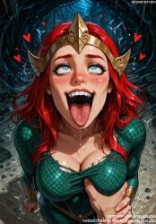 1boy ahe_gao ai_generated aquaman_(series) bangs blue_eyes blush bodysuit breast_grab breasts cleavage clothing crown dc dc_comics drooling english_language english_text eyebrows female female female_only freckles grabbing grabbing_another's_breast groping guided_breast_grab guiding_hand headwear heart heart-shaped_pupils jewelry jousneystudio large_breasts lips long_hair long_sleeves looking_up makeup male mera navel nipples open_mouth outdoors penis red_hair rolling_eyes saliva smile solo solo_focus straight superhero sweat symbol-shaped_pupils teeth text tongue tongue_out torn_bodysuit torn_clothes trembling upper_body upper_teeth upper_teeth_only