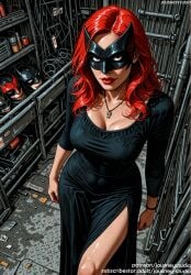 ai_generated batman_(series) batwoman black_dress bracelet breasts cleavage clothing covered_navel dc dc_comics dress english_text engrish_text female female female_only indoors jewelry jousneystudio kate_kane large_breasts lips lipstick long_hair looking_at_viewer makeup mask necklace red_eyes red_hair red_lips shiny_skin side_slit solo solo_focus stairs standing superhero text thighs