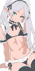 1girls artist_name ear_piercing earrings elf elf_ears elf_female elf_girl female female_only flat_chest frieren frieren_beyond_journey's_end green_eyes looking_at_viewer maid_bikini maid_collar maid_headdress maid_uniform micro_bikini red_earrings sitting small_breasts smile smiling smiling_at_viewer sousou_no_frieren twintails white_eyebrows white_hair white_wrist_cuffs xel4