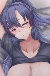 after_sex arm_up black_shirt blue_archive blush breasts closed_mouth clothes_lift cropped cum cum_on_body cum_on_breasts cum_on_hair facial gym_uniform heavy_breathing highres huge_breasts m_legs on_bed paid_reward_available ponytail purple_eyes purple_hair shirt shirt_lift star_sticker sticker_on_face sweat ville87804 yuuka_(blue_archive) yuuka_(track)_(blue_archive)