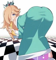 ass ass_focus banana bent_over blonde_female blonde_hair blonde_hair blue_dress blue_eyes dress horny horny_female looking_back mario_(series) mario_kart princess princess_rosalina super_mario_galaxy super_smash_bros.