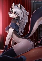 2025 ai_generated animal_ears artist_name ass breasts crazyfishbones female large_breasts long_hair loona_(helluva_boss) sitting solo tail thighhighs