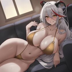 1girls aegir_(azur_lane) ai_generated azur_lane bikini breasts cleavage female gold_bikini horns huge_breasts light-skinned_female light_skin long_hair roxor thick_thighs white_hair