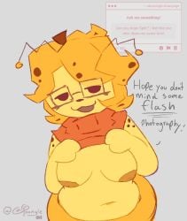 big_breasts carpoongle chubby chubby_female flashing flashing_breasts glasses joking looking_at_viewer pun regretevator request robloxian sagging_breasts self_upload split_(regretevator)