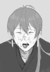 after_oral closed_eyes cum cum_in_mouth cum_on_face earrings erection facial gay gegege_no_kitarou kitarou_tanjou_gegege_no_nazo male male_only medamayaki monochrome open_mouth osada_genji penis sketch solo squint squinted_eyes squinting tongue_out yaoi