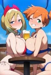 2girls ai_generated alcohol alternative_bust_size ass asymmetrical_hair bangs bare_shoulders beach beer beer_mug bikini bikini_bottom blonde_hair blue_bikini blue_eyes blue_sky blue_swimsuit blush bodily_fluids breast-to-breast breast_press breasts clavicle cleavage clothing cup day drink female female_only green_eyes grin hair_between_eyes hairband headwear huge_breasts indoors irida_(pokemon) jewelry kasumi_(pokemon) kasumi_(pokemon) large_breasts looking_at_viewer mug multiple_girls navel one_eye_closed orange_hair outdoors pokemon ponytail red_bikini red_hairband red_swimsuit shiny_skin short_hair side-tie_bikini side-tie_bikini_bottom side-tie_clothing side-tie_swimsuit side_ponytail sidelocks sitting sky smile sweat swimsuit table thick_thighs thighs tied_hair
