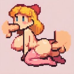 1girl 2boys 3some aged_up ai_generated anal anal_sex big_breasts blonde_hair blowjob blue_eyes blush_stickers bow_in_hair busty curvy earthbound female kneeling long_hair male mother_(series) mother_2 naked nude oral oral_sex paula_jones paula_polestar pink_thighhighs pixai pixel_art sex simple_background thick_thighs threesome