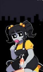 5_fingers aged_up ai_generated alternate_universe black_hair black_overalls black_shoes busty cassidy_(fnaf) clothed_female cum cum_on_hand cum_on_penis cumshot_in_mouth curvy female female five_nights_at_freddy's ghost ghost_girl grey_skin hair_ornaments handjob kneehighs kneeling lollipop nude_male overalls pixai shit simple_background solo sucking_lollipop twintails white_pupils yellow_hair_ornament yellow_shirt yellow_socks