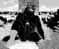 anthro athletic athletic_anthro athletic_male balls black_and_white black_body black_fur black_nose blood bodily_fluids breath canid canine canis claws clothed clothing collared_shirt erection eye_scar facial_scar finger_claws footwear footwear_only foreskin fur genitals group hi_res kemono male male/male mammal maychin monochrome mostly_nude nosebleed outside penis pointy_ears scar shirt sitting smile smug socks socks_only solo_focus topwear wolf wolf_pack