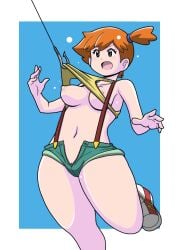 back bare_arms bare_shoulders blush breasts covered_erect_nipples denim denim_shorts female female_focus gym_leader hair_tie highres kasumi_(pokemon) koutarosu large_breasts legs miniskirt nintendo nipples open_mouth orange_hair pokemon pokemon_(anime) pokemon_(classic_anime) ponytail shirt shoes short shorts side_ponytail simple_background skirt sleeveless sneakers solo suspenders sweat sweatdrop tank_top thick_thighs thighs white_background wide_hips yellow_shirt
