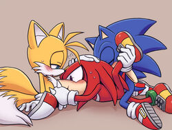 3boys ahoge anal anthro blue_fur blush canine exposed_torso footwear fox fur furry furry_only handwear hedgehog humanoid karlo knuckles_the_echidna leg_hold male male_only mammal miles_tails_prower multi_tail no_humans oral sega smooth_fur sonic_(series) sonic_the_hedgehog sonic_the_hedgehog_(series) spitroast sweat tail threesome yaoi