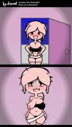 black_eyes blush bra breasts chibi clothing cum english_language english_text facial female female female_pubic_hair fishnets full-face_blush hands_on_own_hips large_breasts looking_at_viewer my_ghost_friend navel nipples one_breast_out open_mouth pantsu pink_hair pubic_hair semen smile solo steca strapless text thelazyart thighhighs trembling tube_top underwear