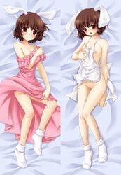 apron blush breasts brown_hair bunny_ear dakimakura dodojune footwear lying naked_apron nipples pussy red_eyes short_hair socks tewi_inaba touhou uncensored