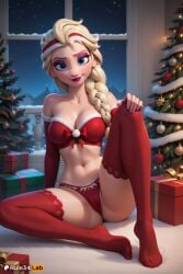 1girls ai_generated artist_name bare_shoulders blonde_hair blue_eyes bow box bra braid breasts cameltoe christmas christmas_tree cleavage disney disney_princess elbow_gloves elsa_(frozen) eyeshadow feet female frozen frozen_(film) frozen_2 full_body fur_trim gift gloves hair_over_shoulder hairband hi_res indoors knee_up lingerie long_hair looking_at_viewer makeup medium_breasts navel no_shoes panties patreon_username red_bra red_gloves red_panties red_thighhighs rule34lab single_braid sitting smile snow solo stomach strapless thighhighs underwear underwear_only window
