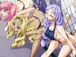 2d 2d_(artwork) 3boys 3girls artist_request barefoot blonde_hair blonde_hair_female blue_eyes blush breasts character_request cleavage closed_eyes covering dark_skin faceless_male feet female from_behind_position gyaru hands_on_ass hi_res highres male multiple_girls open_mouth pink_hair purple_hair sex source_request standing_sex straight swimsuit tied_hair tiptoes tongue twintails uncensored yellow_eyes