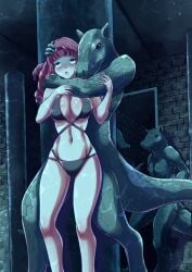 asphyxiation big_breasts bikini breasts captured choke_hold corpse curly_(foxeye) death drowned drowning empty_eyes eyes_rolling_back female female_death foxeye_(artist) lizardman navel original original_character purple_eyes red_hair ruins strangling swimsuit underwater
