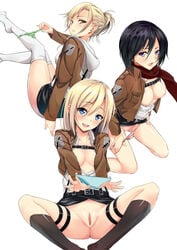 3girls :d annie_leonhardt areolae attack_on_titan bangs belt black_hair black_legwear black_skirt blonde_hair blue_eyes blue_panties blush breasts breasts_out brown_eyes buttons christa_lenz collarbone crotch female fingernails green_panties hair_between_eyes hands head_tilt highres historia_reiss holding holding_panties hoodie jacket kneehighs kneeling legs lingerie lips long_image long_sleeves looking_at_viewer mikasa_ackerman momonokizmen mound_of_venus multiple_girls nipples no_bra open_clothes open_mouth open_shirt panties panties_around_leg panties_removed panty_pull parted_lips photoshop pink_panties ponytail presenting_panties presenting_removed_panties purple_eyes pussy scarf shingeki_no_kyojin shiny shiny_hair shiny_skin shirt short_hair simple_background sitting skirt smile spread_legs striped striped_panties tall_image thigh_strap thighhighs thighs tied_hair unbuttoned uncensored underwear undressing uniform white_background white_legwear