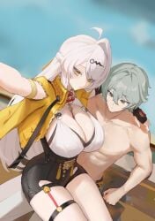 1boy 1girls asymmetrical_gloves bare_shoulders breasts cleavage female gloves grey_eyes grey_hair high-waist_shorts highres large_breasts liangfen long_hair looking_at_viewer male pants short_hair shorts topless_male vest white_hair white_pants wise_(zenless_zone_zero) yellow_eyes yellow_vest yin_yang_pin yixuan_(zenless_zone_zero) zenless_zone_zero