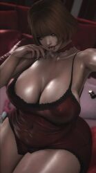 belly belly_button big_belly big_cleavage biting_finger choker cleavage dress final_fantasy final_fantasy_xiv gpose(ffxiv) hi_res kayaxiv licking looking_at_viewer nipples_visible_through_clothing seductive seductive_look selfie sitting tongue_out