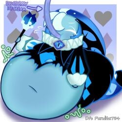 belly_inflation bloated_stomach cookie_run cookie_run_kingdom fat fat_male hose_inflation ice_cream inflation jester ripped_clothing shadow_milk_cookie sucking