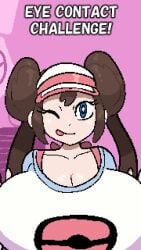 1girls animated animated_gif areolae bedroom_eyes big_breasts blue_eyes bouncing_breasts breasts breasts_bigger_than_head breasts_bigger_than_torso breasts_out brown_hair busty caption cleavage clothing female female_only gif half-closed_eyes hat huge_breasts hyper hyper_breasts jiggle jiggling_breasts large_breasts looking_at_viewer massive_breasts nipple_slip nipples no_bra pixel_animation pixel_art pokemon rosa_(pokemon) shirt smile solo syrupglazed text tongue tongue_out v_sign visor_cap
