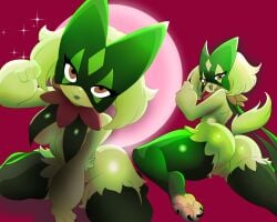 2025 4_fingers 5:4 anthro ass big_breasts big_butt black_claws breast_curtains breasts claws cute_fangs fangs felid feline female finger_claws fingers fist fur generation_9_pokemon genitals green_body green_fur green_mask half-closed_eyes hi_res kneeling looking_at_viewer looking_back looking_up mammal meowscarada mizuryun multiple_poses narrowed_eyes nintendo nipple_outline orange_eyes pokemon pokemon_(species) pose pupils pussy raised_hand rear_view solo sparkles teeth thick_thighs toe_claws
