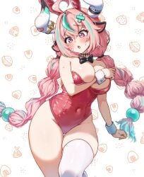 :o absurdres ahoge alternate_costume animal_ear_hairband animal_ears aqua_hair arm_between_breasts between_breasts black_bow black_bowtie blush bow bowtie breasts cleavage commentary_request covered_navel cow_ears cow_horns fake_animal_ears female fingernails genshin_impact hair_between_eyes hairband highres horns large_breasts leotard long_hair multicolored_hair open_mouth pink_hair playboy_bunny purple_eyes rabbit_ears red_leotard single_thighhigh small_sweatdrop solo_focus strapless strapless_leotard streaked_hair teeth thighhighs umamipesto upper_teeth_only varesa_(genshin_impact) very_long_hair white_background white_thighhighs white_wrist_cuffs wrist_cuffs