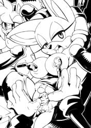 amy_rose anthro anus breasts cervix chained erect_clitoris female fur furry furry_only hedgehog monochrome nipple_clamps penis rouge_the_bat sega sonic_(series) sonic_the_hedgehog_(series) spread_pussy straight_hair tojyo