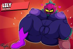 1girls artist_signature big_breasts boots boots_only brawl_stars breasts character_name dark_purple_body female female_only flower_pot heart_symbol leaf leafs lily_(brawl_stars) looking_at_viewer one_boot pink_boots purple_nipples pussy rifurabbit simple_background solo solo_female supercell tagme vines yellow_eyes