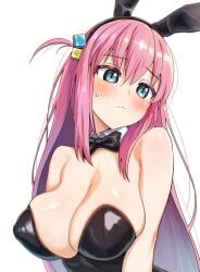 absurdres animal_ears black_bow black_bowtie black_hairband black_leotard blue_eyes blush bocchi_the_rock! bow bowtie breasts cleavage closed_mouth cube_hair_ornament detached_collar female gotou_hitori hair_ornament hairband highres large_breasts leotard long_hair one_side_up pink_hair playboy_bunny rabbit_ears simple_background sleeves_past_wrists solo strapless strapless_leotard umamipesto white_background