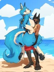 3:4 anthro ass beach big_breasts big_butt bikini blue_body blue_fur bottomwear breasts brown_body brown_fur canid canine canis carrying_another claws clothed clothing duo ear_piercing ear_ring female fur furry hair hi_res huge_breasts huge_butt kiss_mark kloey_(pajamamcham) male mammal markings muart242 mutt_(muart242) outside pawpads piercing ring_piercing sand seaside shorts size_difference sky smile swimwear tail tan_body tan_fur two-piece_swimsuit water white_body white_fur wolf