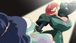 2girls accurate_art_style amphibia amphibia_(series) amphibian armor big_breasts blue_skin canon_couple cleavage clothed clothing confident coolerinker female flexing general_yunan hair hairclip hourglass_figure inker_comics inkershike lady_olivia long_hair muscular muscular_female newt pink_skin scalie shocked shocked_expression short_hair small_breasts surprised surprised_expression taut_clothes teasing yunan yuri