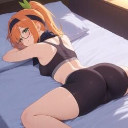 ai_generated ass bandana bike_shorts ginger glasses green_eyes ponytail small_breasts sports_bra thighs