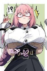 !? 1other ^^^ absurdres amekurage999 black_skirt blush braid braided_ponytail breasts closed_mouth collared_shirt cowboy_shot female glasses grabbing_another's_breast grabbing_from_behind green_background groping high-waist_skirt highres huge_breasts long_hair long_sleeves pink_eyes pink_hair shirt shirt_tucked_in single_braid skirt solo_focus spoken_interrobang surprised tsukishiro_yanagi white_shirt zenless_zone_zero
