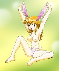 1girls animal_ear blonde_hair breasts bunny_ear erect_nipples furry idol_janshi_suchie-pai large_breasts long_hair looking_at_viewer milky-pai nipples open_mouth panties red_eyes smile solo sonoda_ken'ichi straight_hair tail thong underwear white_fur