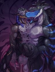 anal anal_sex anthro balls biceps big_balls big_penis black_body blue_stripes blue_tongue duo ear_piercing erection extreme_french_kiss facial_piercing fish french_kissing fur genitals goo_creature goo_drip hair hi_res humanoid_genitalia humanoid_penis kissing long_tongue male male/male male_penetrated male_penetrating male_penetrating_male marine markings muscular muscular_anthro muscular_male nose_piercing nude nurinaki open_mouth penetration penis piercing sex shark simple_background size_difference striped_body stripes tail tail_markings tongue tongue_out white_body ziggy_(dezo)