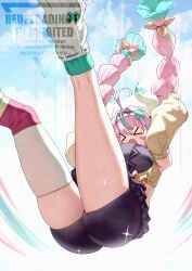 >_< absurdres ahoge aqua_hair ass bare_shoulders black_shorts braid breasts cow_horns detached_sleeves falling female genshin_impact highres hip_attack horns large_breasts long_hair miniskirt multicolored_hair open_mouth pink_hair short_shorts shorts single_thighhigh skirt solo thick_thighs thighhighs thighs twin_braids uenoryoma varesa_(genshin_impact) very_long_hair watermark