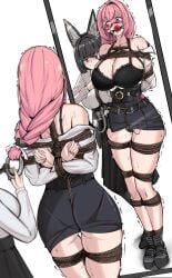 2girls absurdres animal_ear_fluff ball_gag black_bra black_skirt blunt_bangs bondage bondage bound bra closed_mouth dress_shirt fox_girl furrowed_brow gag glasses hair_between_eyes high-waist_skirt highres hoshimi_miyabi long_hair looking_at_another mirror multiple_girls paid_reward_available pencil_skirt pink_eyes pink_hair red_eyes saliva shirt sidelocks simple_background skirt sparkle standing trembling tsukishiro_yanagi underwear white_shirt yuy zenless_zone_zero