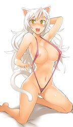 1girls animal_ears areola areolae bakemonogatari bikini black_hanekawa blush breasts cat_ears cat_tail curvy erect_nipples female female_only hand_behind_head hands hanekawa_tsubasa highres kneeling labia large_breasts long_hair madkaiser micro_bikini monogatari_(series) navel nipple_slip nipples open_mouth pink_swimsuit pubic_hair sling_bikini solo swimsuit tail wedgie white_hair yellow_eyes